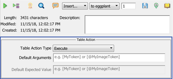 The Table Action pane under Info on the Script Editor toolbar in Eggplant Functional