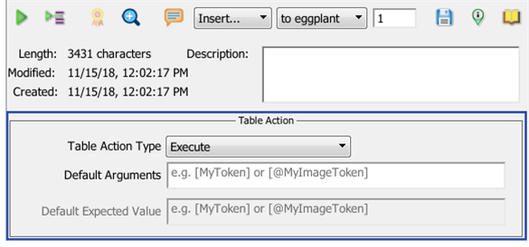 The Table Action pane under Info on the Script Editor toolbar in Eggplant Functional