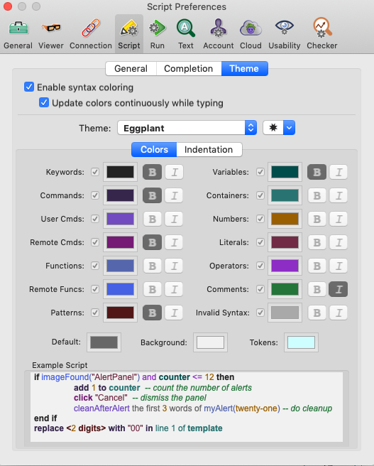 Script Preferences Theme tab Colors in Eggplant Functional