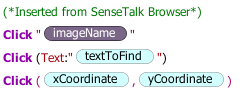 Sample Click commands inserted into a script from the SenseTalk Browser
