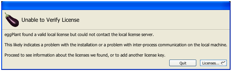Unable to Verify License warning in Eggplant Functional with a local license server