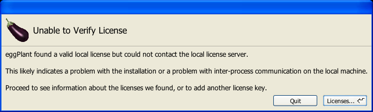 Unable to Verify License warning in Eggplant Functional with a local license server