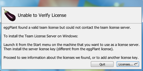 Unable to Verify License warning in Eggplant Functional