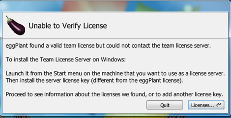 Unable to Verify License warning in Eggplant Functional