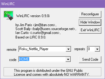 The WinLIRC GUI panel, where you can send test codes and reconfigure your setup