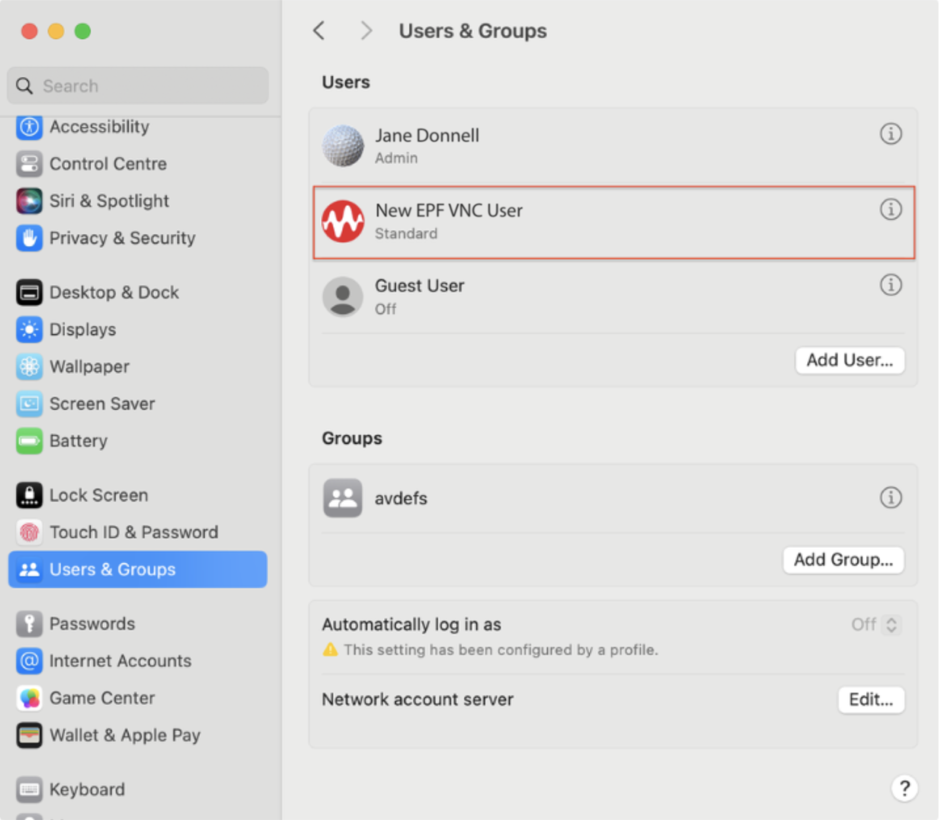 Creating a new user account in System Settings on Mac