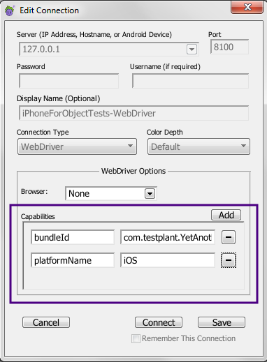 Eggplant FunctionalのEdit ConnectionダイアログボックスでモバイルWebDriver接続のCapabilitiesを追加します